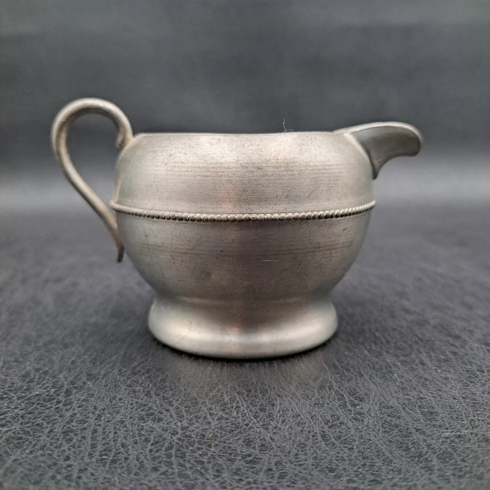 Vintage Genuine Pewter Creamer Pitcher Small Beaded Trim Silver Gray Matt Finish